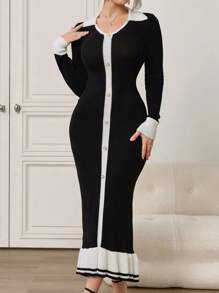 Modelyn Women Elegant Contrast Trim Long Sleeve Sweater Dress
