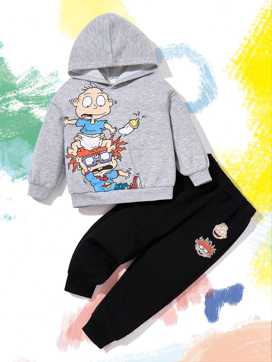 Nick 90s | SHEIN 2 件套年轻男孩卡通人物印花连帽衫和黑色慢跑运动裤，休闲 - 灰色 - 查看 1