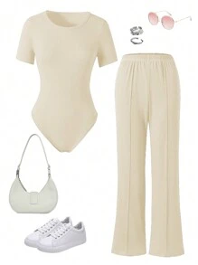 SHEIN Bộ 2 món/bộ áo thun ngắn tay cổ tròn màu trơn mùa hè cho bé gái tuổi teen và quần dài - Màu be - Xem 1