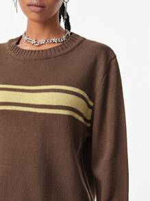 SHEIN EZwear Suéter de cuello redondo de manga larga con estampado a rayas para mujer - Camel - Ver 6
