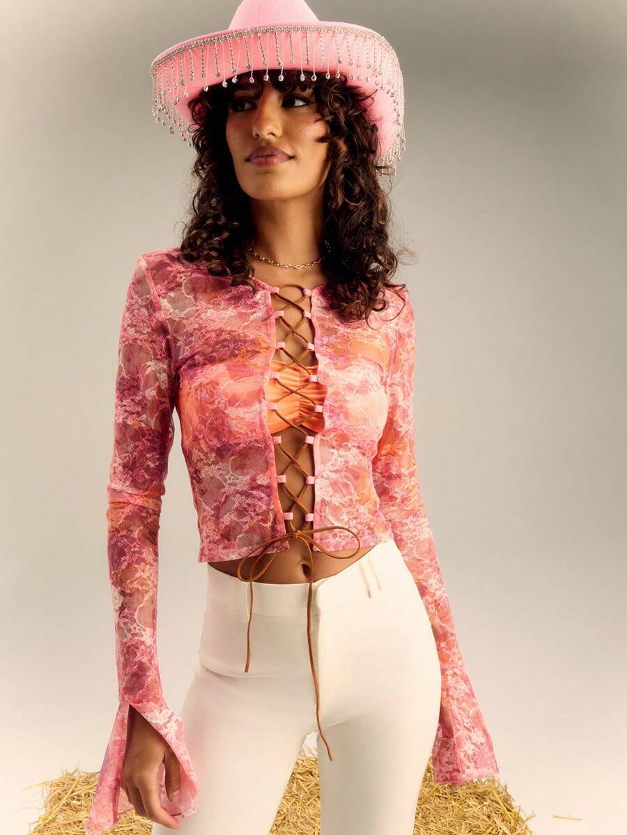 SHEIN Unity Áo thun dài tay xẻ cổ tay nhiều màu có chi tiết buộc dây phía trước - Màu Hồng baby - Xem 1