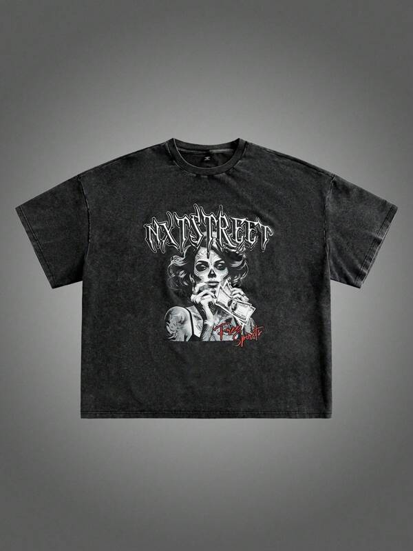 Manfinity VCAY Camiseta de manga corta con cuello redondo y estampado de letras y números casual de talla grande para hombre, verano