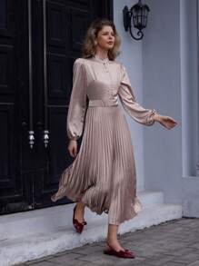 EMERY ROSE 时尚百搭缎面闪亮收腰百褶领连衣裙 - 粉色 - 查看 5