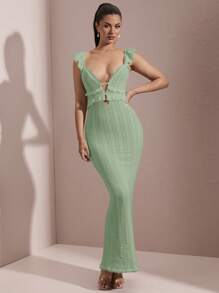 SHEIN BAE 镂空钩编纹理荷叶边露背系带夏季性感优雅鱼尾连衣裙 - 薄荷綠 - 查看 3