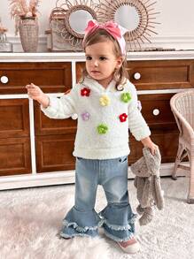 SHEIN Baby Girl' Thick & Warm White Fleece Floral Hooded Casual Sweatshirt For Winter - Multicolor - View 1