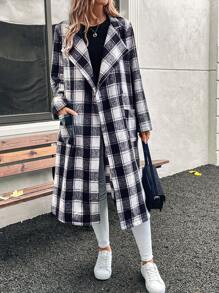 SHEIN LUNE Chaqueta larga de manga larga con puño para mujeres, a cuadros blanco y negro de 2024
