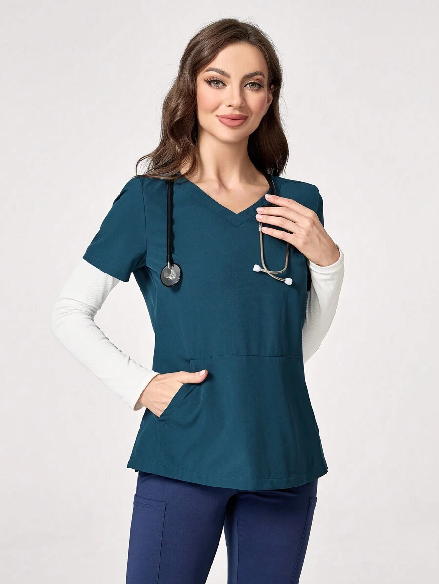TaskEZ Color Block V-Neck Pocket Long Sleeve Healthcare Worker Scrub Uniform Top - Blue - View 1