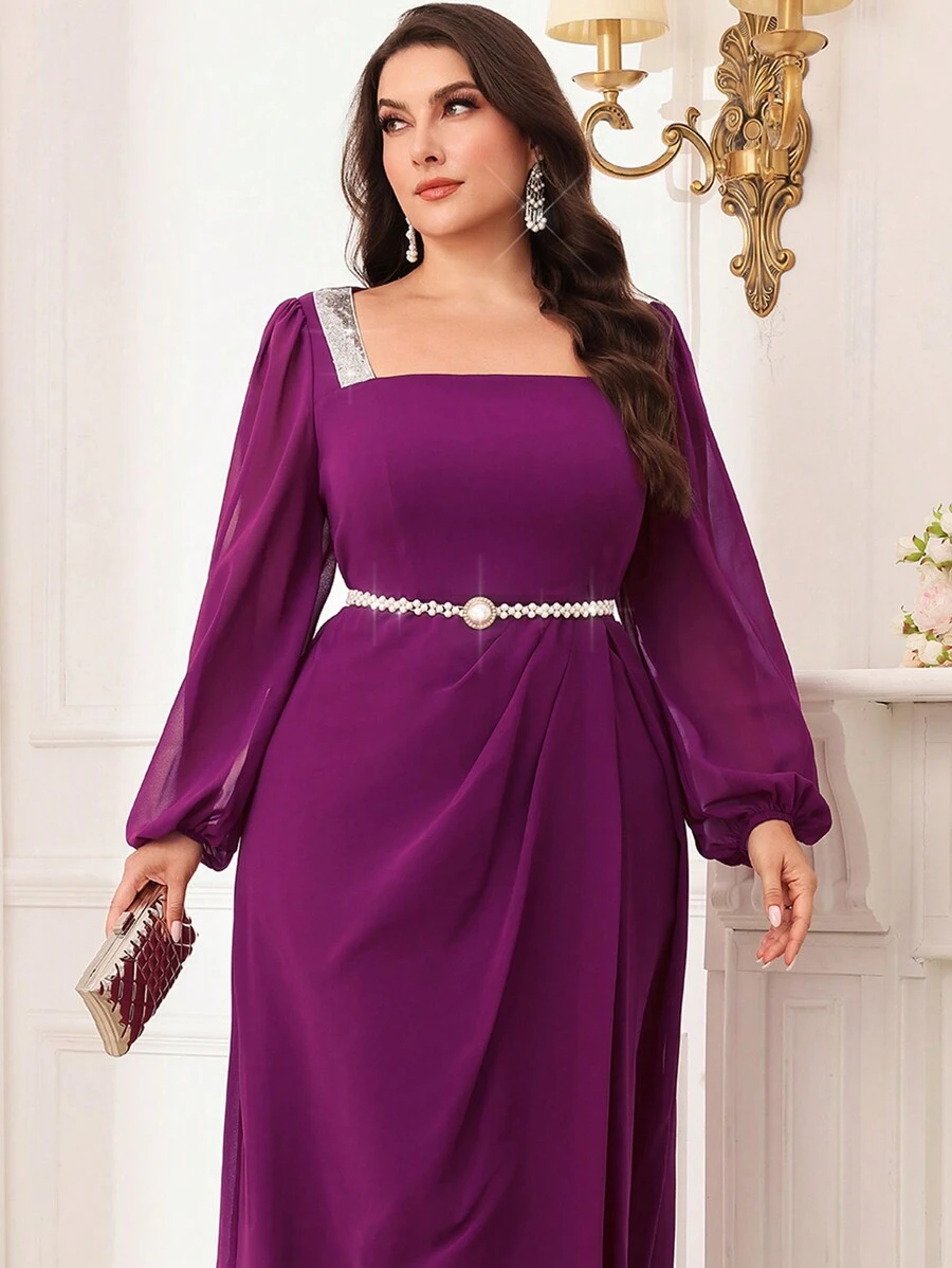 Modelyn Plus Size Spring/Autumn Elegant Sequin Decorated Lantern Sleeve Dress - Violet Purple - View 1