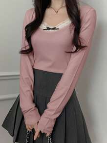 DAZY Áo thun nữ có nơ trang trí và ren tương phản, quần áo mùa thu - Hồng - Xem 4