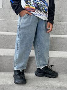 小男孩基本款可爱日常休闲松紧腰撞色下摆和平口袋灯笼裤牛仔裤 - 淺色水洗藍 - 查看 5