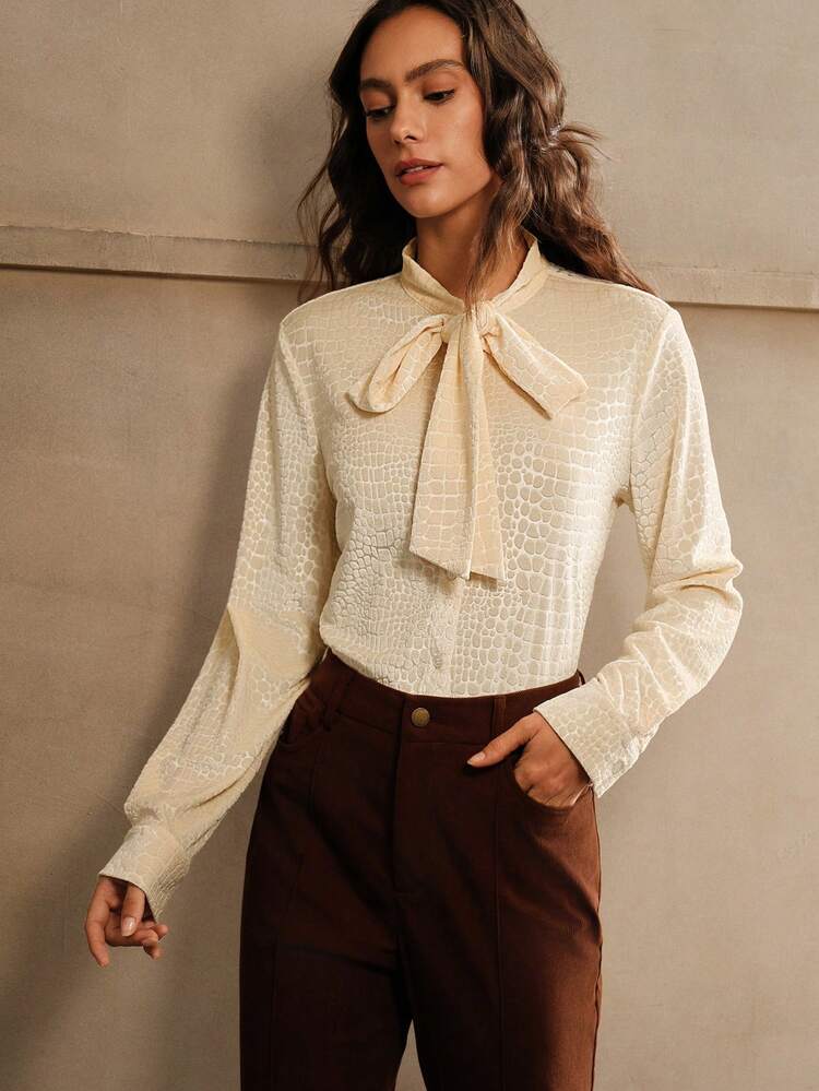 Women Elegant Velvet Embossed Plaid Tie Collar Blouse Shirt