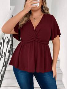 Vionelle 大码女式V领喇叭袖短袖衬衫，夏季，圣诞节荷叶边上衣 - 酒紅色 - 查看 3