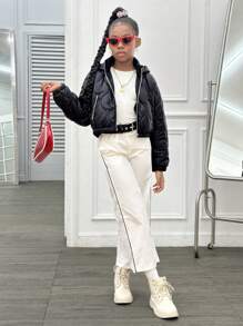 Slaydiva Tween Girl Casual Hooded  Cardigan Jacket, Fall/Winter - Black - View 4