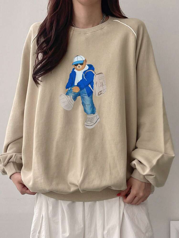 Women's Casual Loose Cartoon Bear Print Raglan Sleeve Sweatshirt, Autumn/Winter,Fall Women Clothes