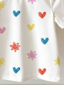 SHEIN Top à col ras-du-cou manches courtes d'été pour bébé fille, imprimé fleur et cœur peint à la main, décontracté