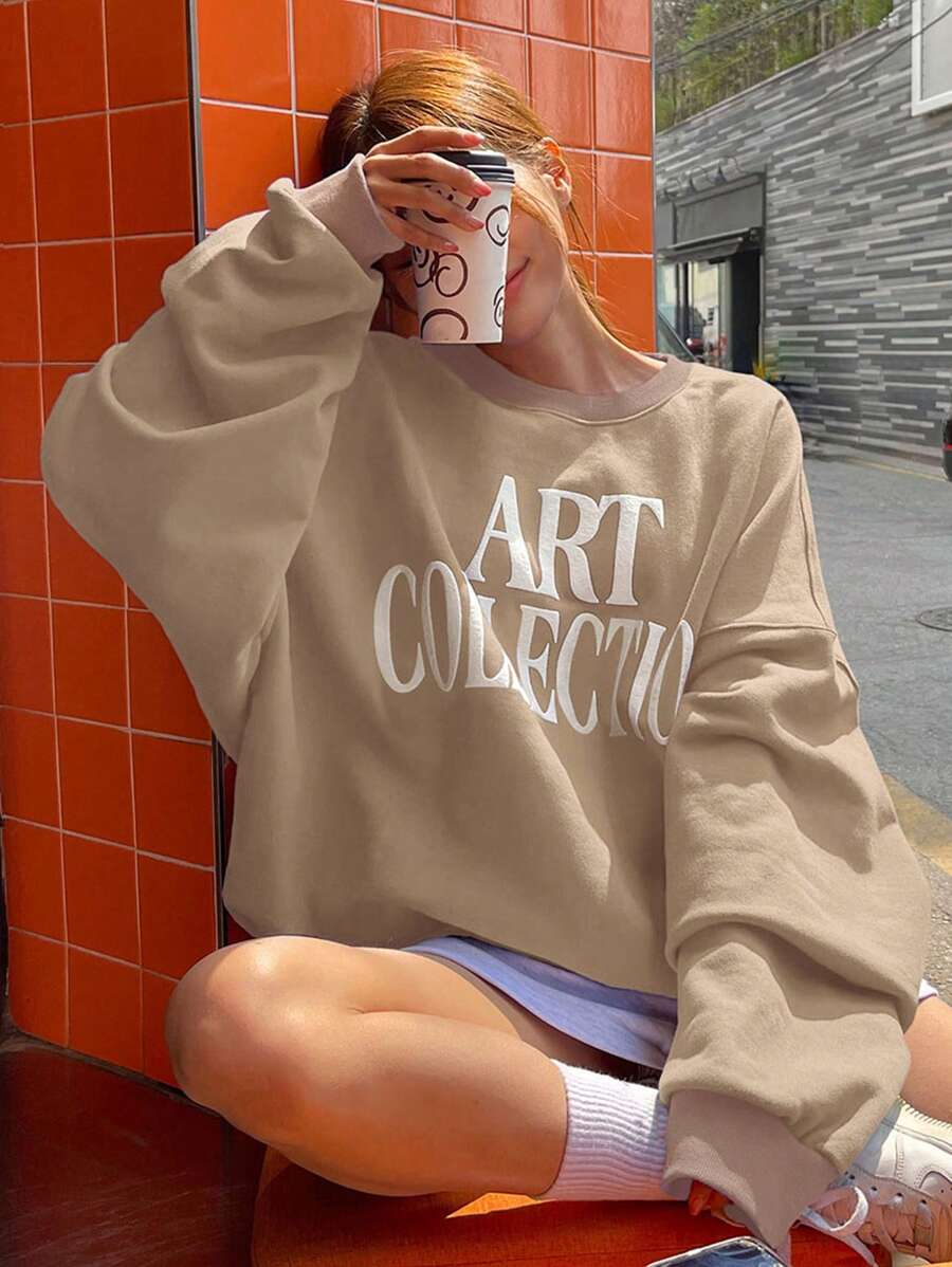 DAZY 女士休闲字母印花抓绒卫衣，秋季服装，冬季 - 卡其色 - 查看 1