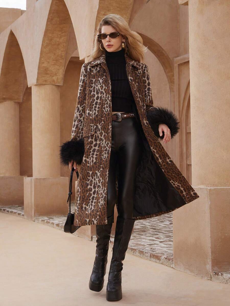 EMERY ROSE Áo khoác tay dài họa tiết báo lông xù thu đông cho nữ kèm thắt lưng - Nhiều màu - Xem 1