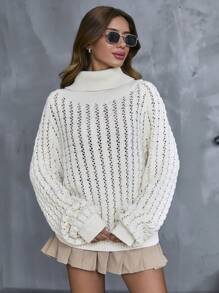 Suéter holgado informal de manga raglan con cuello de tortuga y abertura