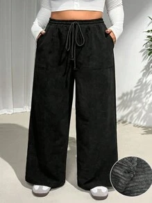 SHEIN CURVE+ Quần dài thường ngày màu đen vải nhung kẻ có họa tiết co giãn cạp chun cỡ lớn mùa thu - màu đen - Xem 7