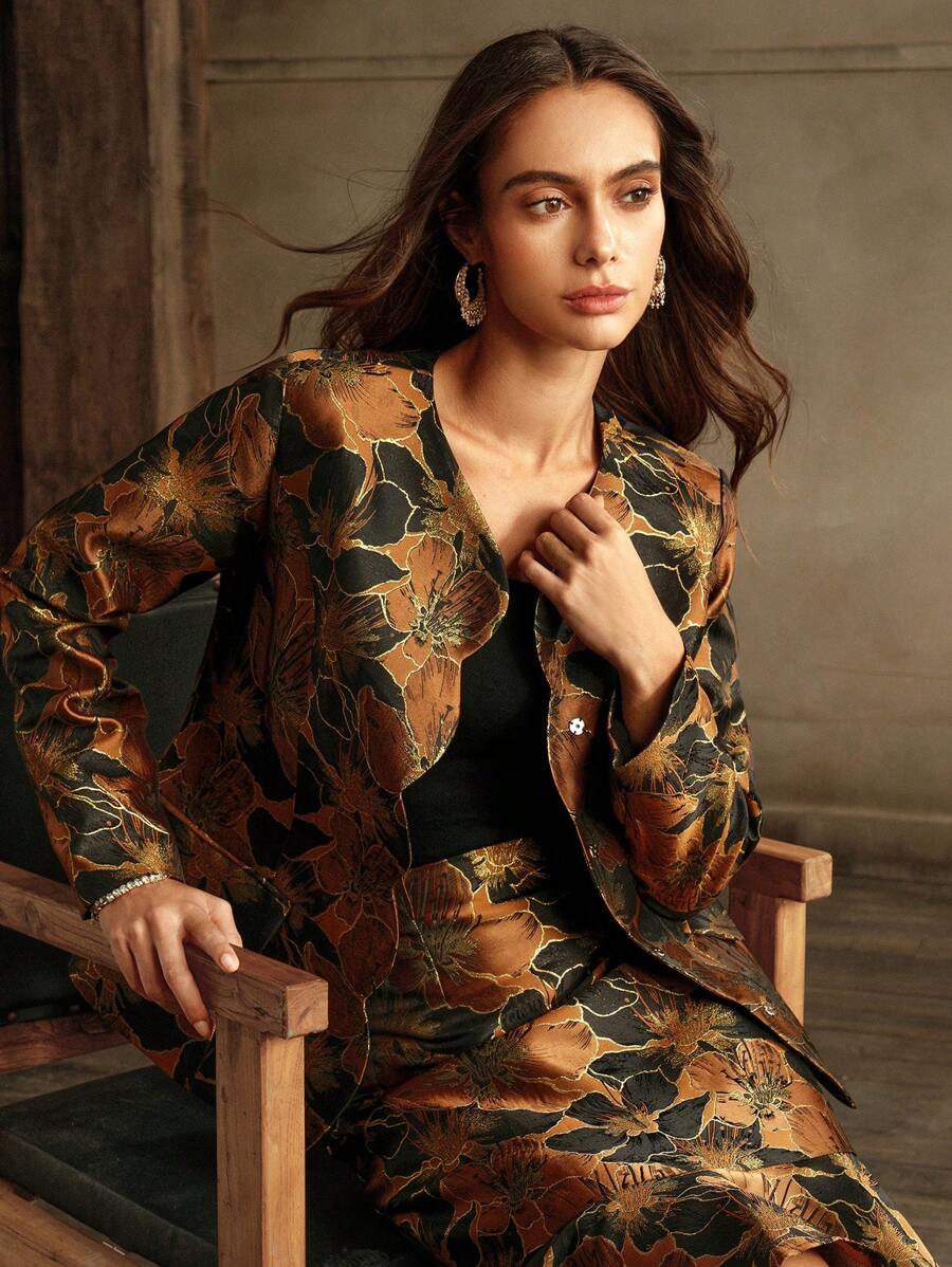 Anewsta 女士高级刺绣印花夹克和鱼尾裙两件套西装套装 - 黑色 - 查看 1