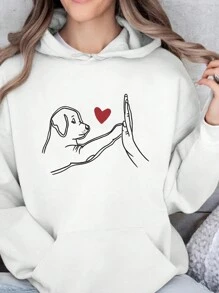 SHEIN LUNE 女式 High Five Hands With Dog 图案印花休闲连帽运动衫，秋冬动物印花上衣 - 白色 - 查看 1