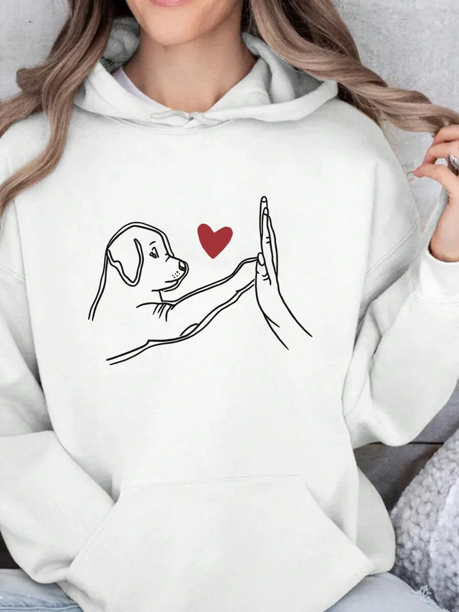 SHEIN LUNE 女式 High Five Hands With Dog 图案印花休闲连帽运动衫，秋冬动物印花上衣 - 白色 - 查看 1