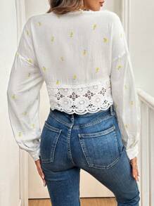 SHEIN Frenchy Women 100% Cotton Lace Blouses, Fall Blouses, Lemon Print, Embroidery, Winter Women Clothes, White Long Sleeve Blouses, Fall Women Outfits, Homecoming, Ladies' White Lace Long Sleeve Tie Waist Shirt Teacher Clothes Fall Women Clothes Vacation Flower Casual - White - View 2