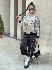 SHEIN Leap Crew Tween Girl Solid Color Stand Collar Long Sleeve Cardigan With Fleece Liner Thick Winter Jacket - Silver - View 4