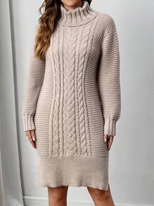 EMERY ROSE Women's Cable Knit Turtleneck Long Sleeve Sweater Dress