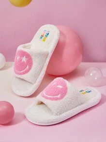 SmileyWorld® | SHEIN Cartoon Face And Letter Pattern Open Toe Plush Slippers For Women Fall