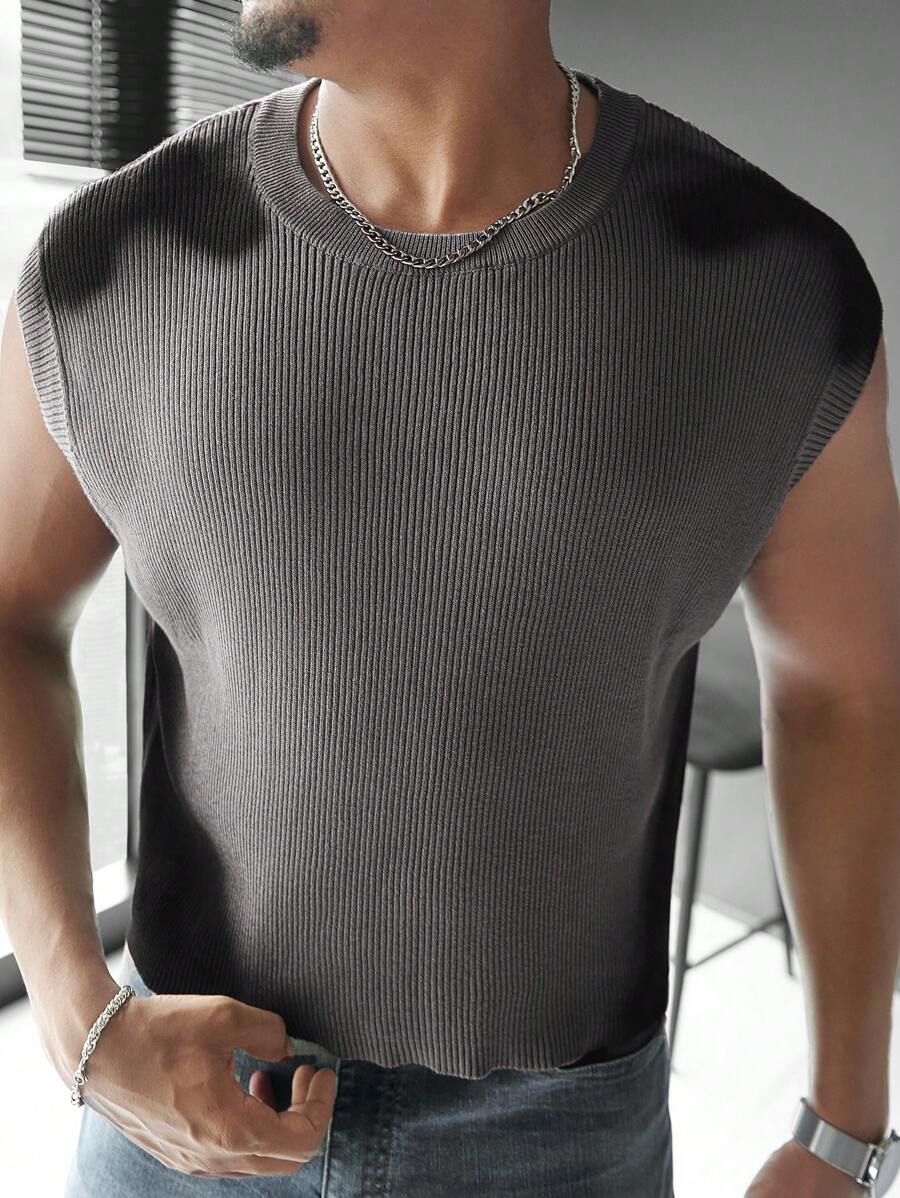 Manfinity Homme Plus Size Men's Solid Color Crew Neck Loose Fit Casual Knit Vest - Khaki - View 1