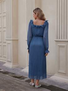 EMERY ROSE Vestido elegante de gasa con cuello de volantes y plisados - Azul - Ver 3