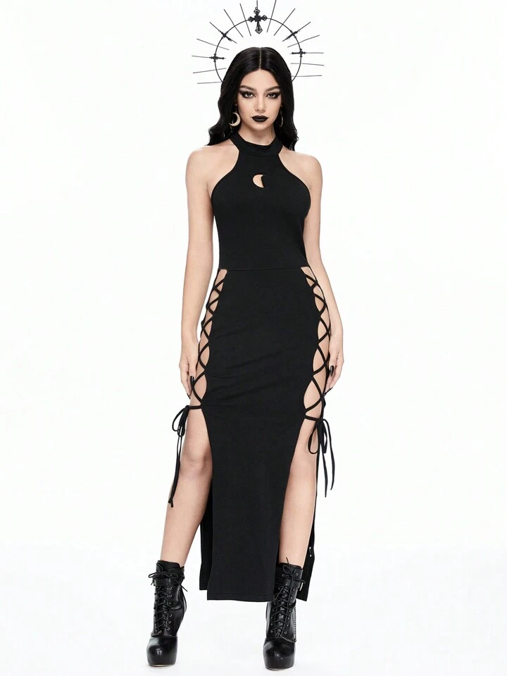 sexy black dress slit Our Goth Mysterious High Strappy Backless Sleeveless For Women is such a vibe size_2XL The structured bodice uses Color:Dark Gray Stine Goya Corset Mini