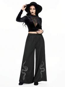 ROMWE Goth 神秘深色优雅纯色刺绣蛇纹图案黑色直筒喇叭女裤 - 黑色 - 查看 3