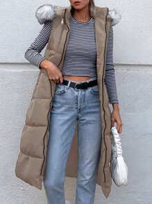 EURMUSE Plush Hooded Sleeveless Padded Coat - Mocha Brown - View 6