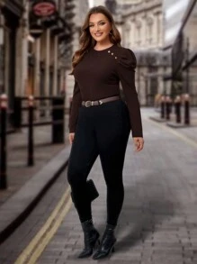 SHEIN Clasi Plus Size Solid Color Gigot Sleeve T-Shirt, Spring Autumn