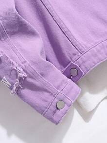 Manfinity EMRG 男士休闲字母印花磨边牛仔夹克，春秋季 - 淡紫色 - 查看 6