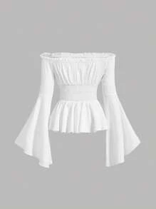 SHEIN MOD Bluzka damska z odkrytymi ramionami i rozszerzanymi rękawami, biała koszula w stylu vintage, sukienka czarownicy, kostiumy wampirów