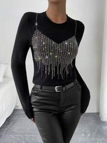 Chiquease 針織圓領休閒親膚鑽石女士毛衣