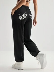 SHEIN Women's Casual Sports Pants With Pockets & Skeleton Print For Exercise, Running, And Dancing - Black - View 2