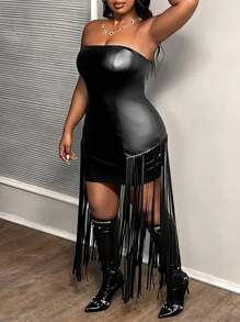 Slaydiva Plus Size Women's Black PU Bandeau Fringe Dress