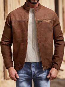 Manfinity Homme Chaqueta de motociclista ajustada de denim marrón oscuro para hombres