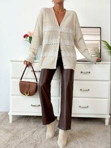 SHEIN Cottnline Knitwear Elegant Cardigan With Laces And Fancy Buttons - Beige - View 3