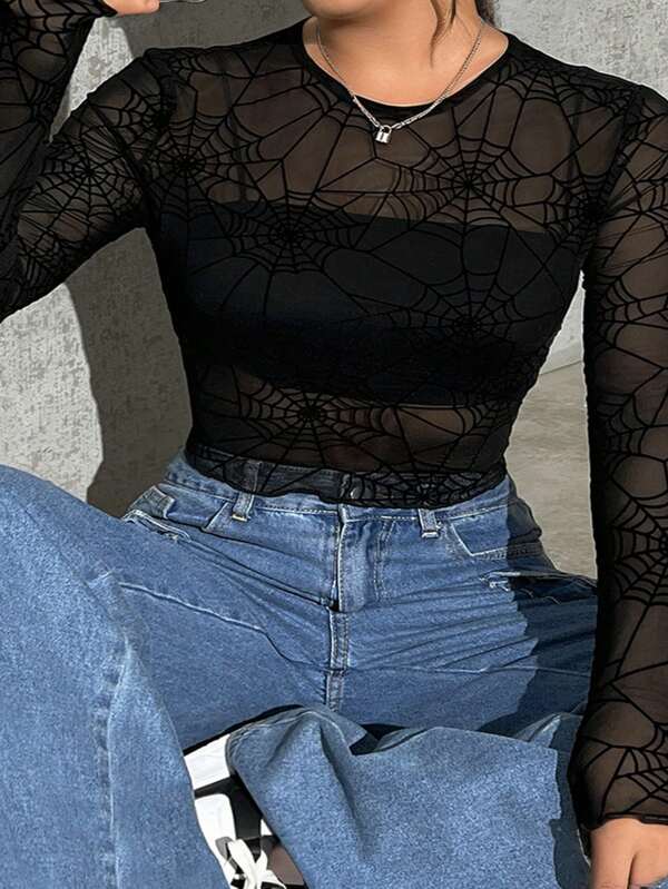 SHEIN EZwear Plus Size Women Black Spiderweb Print See-Through Fitted Long Sleeve Top