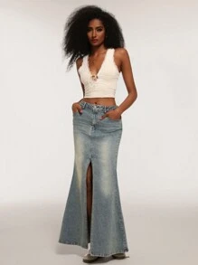 Forever 21 复古水洗低腰鱼尾开衩长款休闲裙，秋冬 - 藍色 - 查看 5