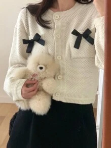 DAZY 女士休闲蝴蝶结装饰开衫，秋季女装 - 杏色 - 查看 5