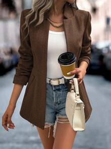 SHEIN Clasi Women's Herringbone Pattern Long Sleeve Overcoat, Fall - Coffee Brown - View 5