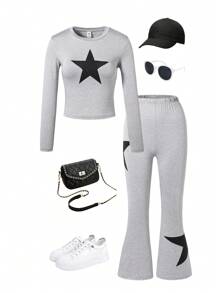 Conjunto de Duas Peças com Manga Longa e Calça Longa Estampado de Estrelas para Adolescentes Femininas