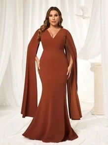 SHEIN Belle Plus Size Elegant Simple Caramel Stretch Fabric Deep V Neck Shawl Long Sleeve Fishtail Type Formal Dresses Bridesmaid Dresses