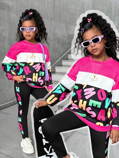 2pcs Tween Girls Letter Print Colorblock Sweatshirt And Leggings Casual Outfit Set, School, Campus, College